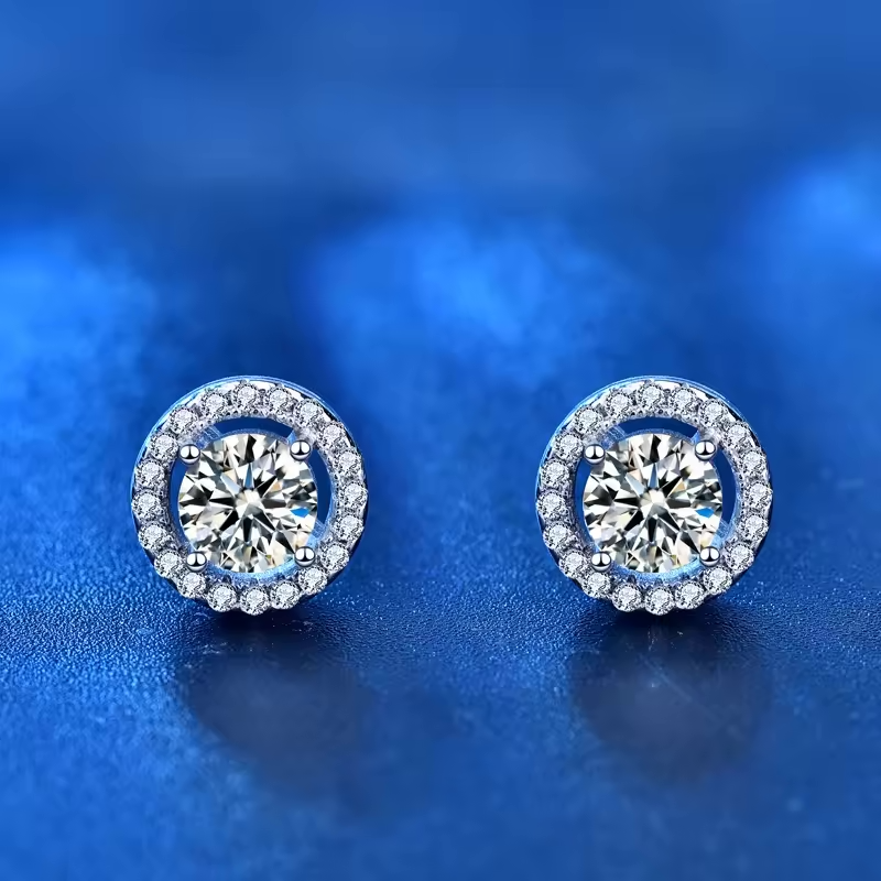 1 Carat Moissanite Stud Earrings: Gap Halo Setting, Platinum Overlay Sterling Silver