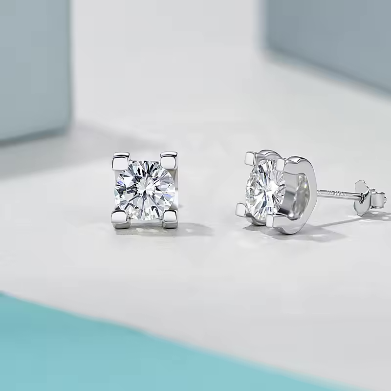 2 Carat Moissanite Stud Earrings in Four-Prong Setting, in Platinum Overlay Sterling Silver