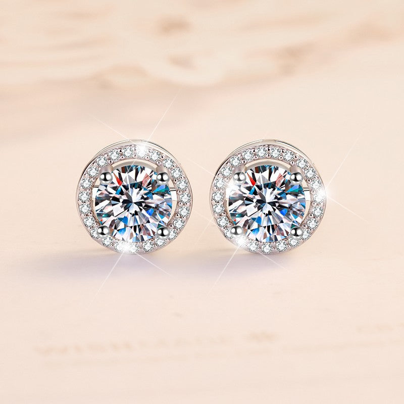 1 Carat Moissanite Stud Earrings In Halo Setting in Platinum Overlay Sterling Silver