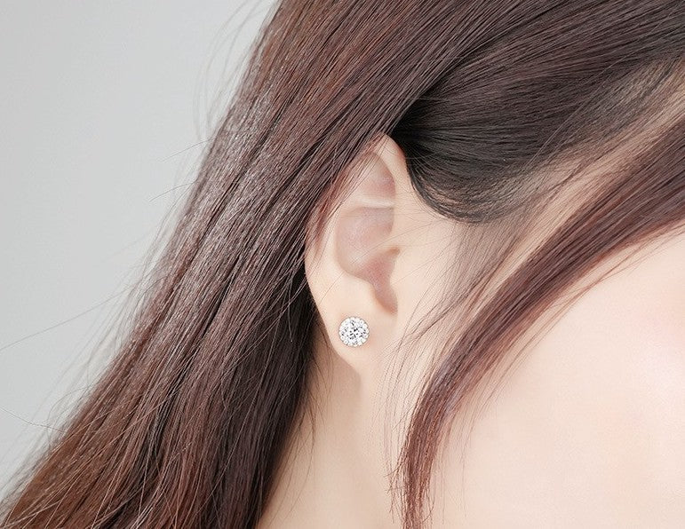 1 Carat Moissanite Stud Earrings In Halo Setting in Platinum Overlay Sterling Silver