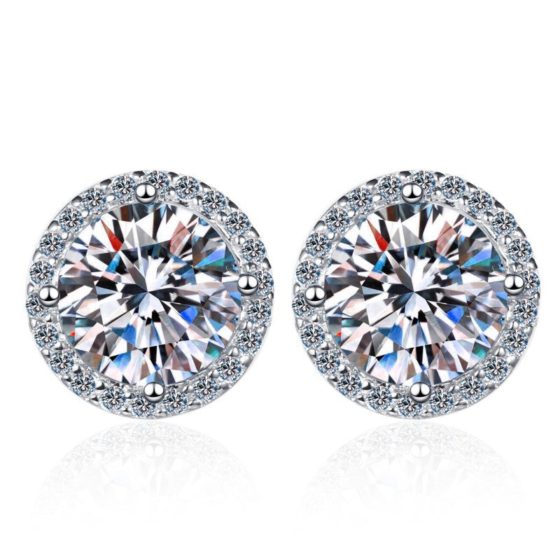 1 Carat Moissanite Stud Earrings In Halo Setting in Platinum Overlay Sterling Silver
