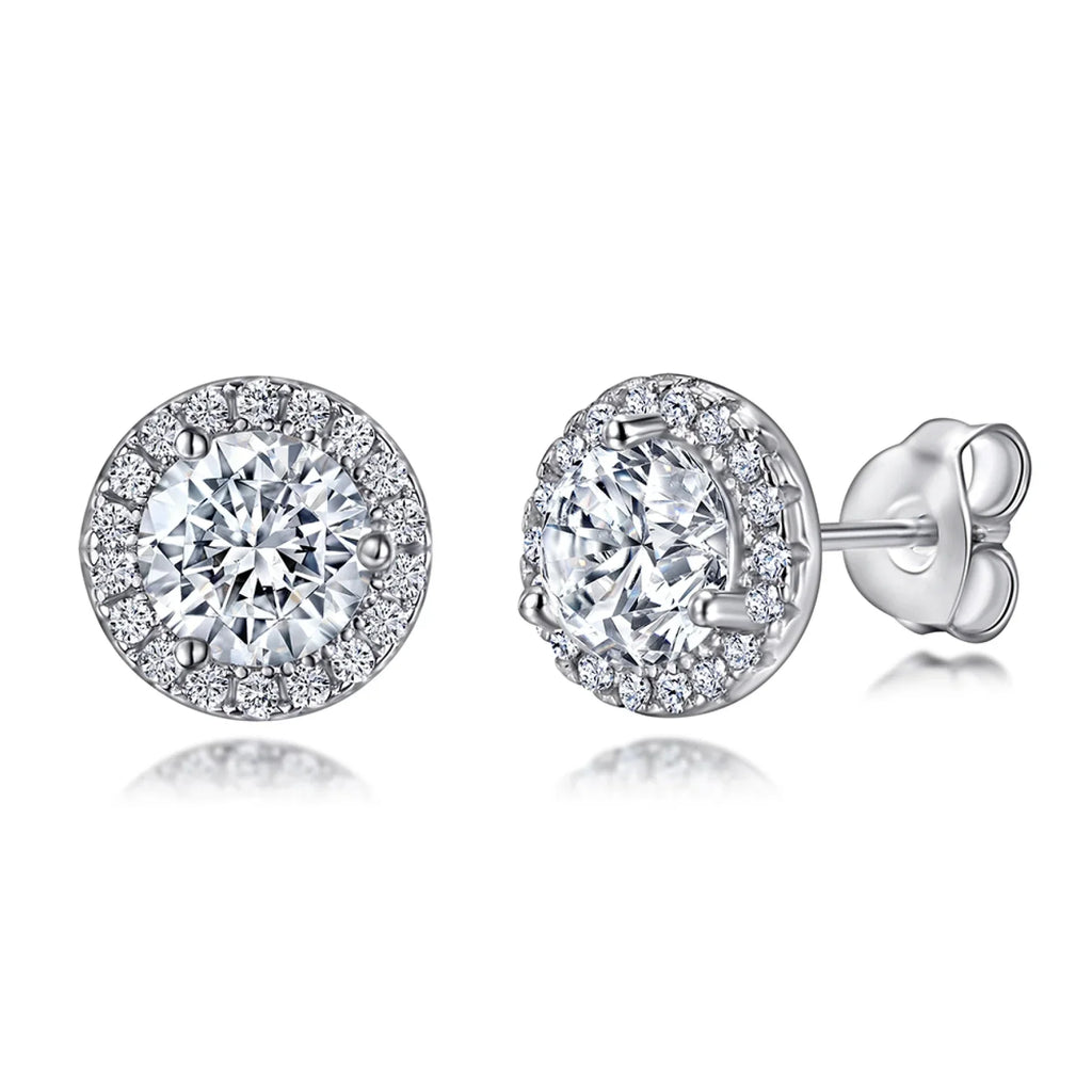 1 Carat Moissanite Stud Earrings In Halo Setting in Platinum Overlay Sterling Silver