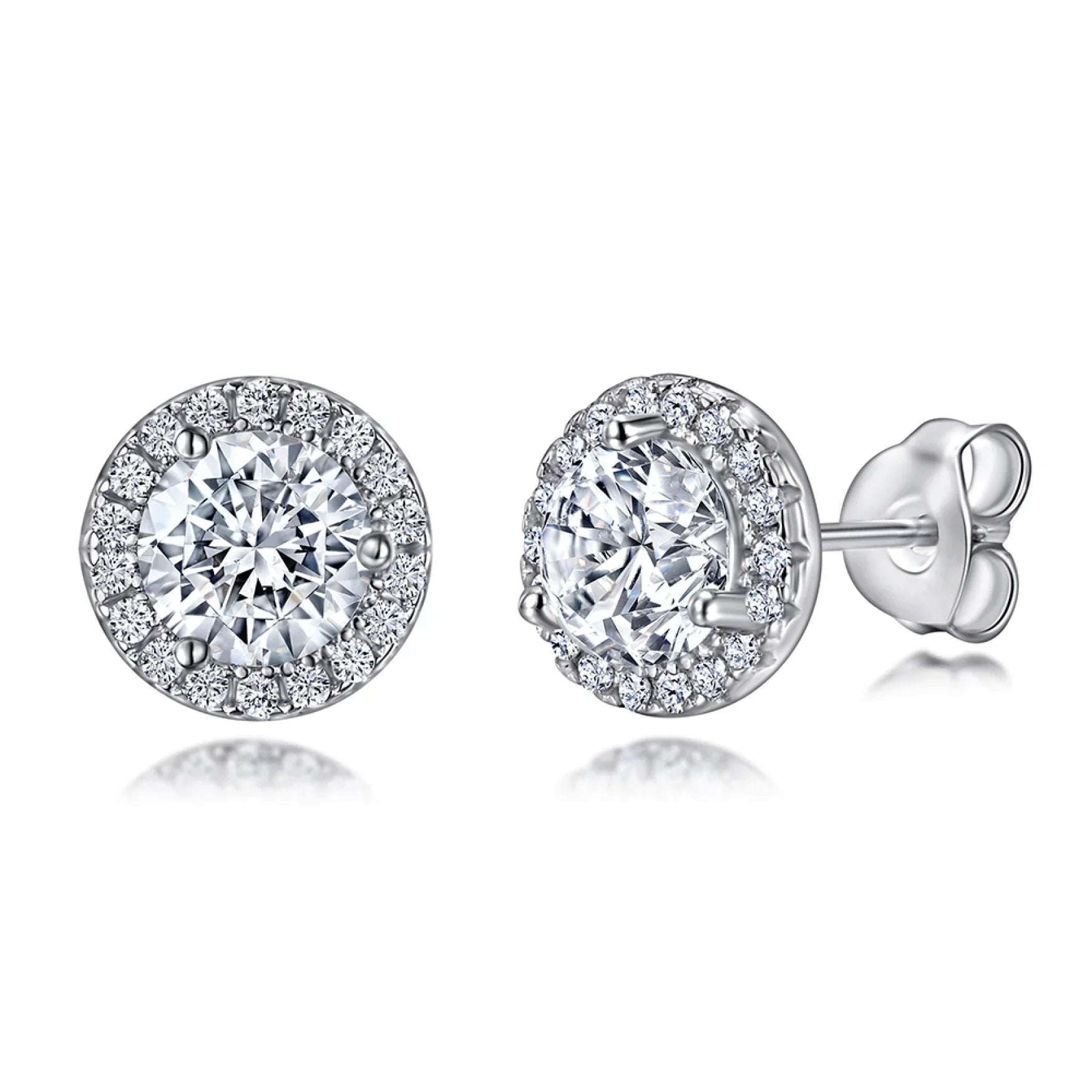 1 Carat Moissanite Stud Earrings In Halo Setting in Platinum Overlay Sterling Silver