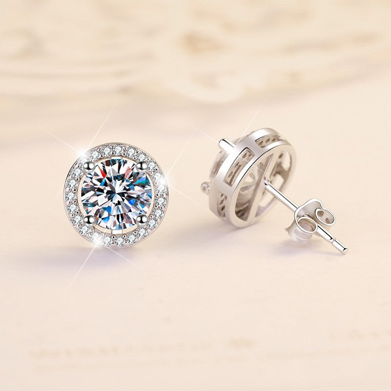 1 Carat Moissanite Stud Earrings In Halo Setting in Platinum Overlay Sterling Silver