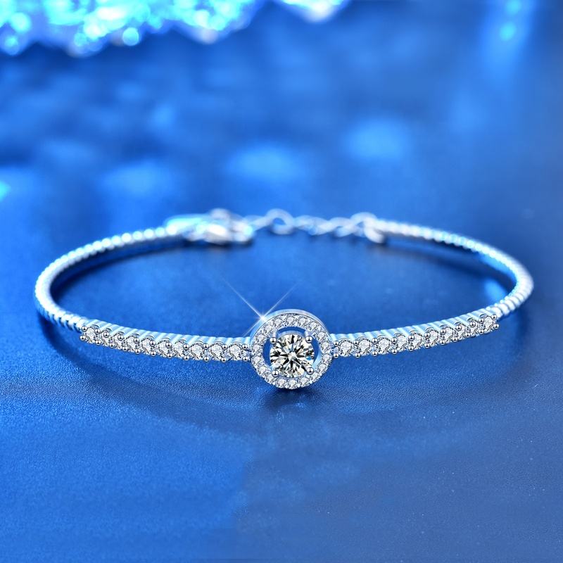 1 Carat Moissanite Halo Center Bangle Bracelet with Side Moissanites in Platinum Overlay Silver