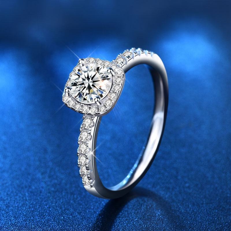 1 Carat Solitaire Moissanite Ring in Square Halo with Pavé Side Stones, Platinum Overlay Sterling Silver - Adjustable Size