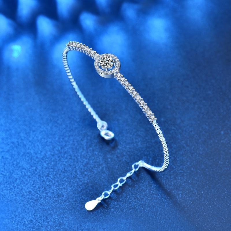 1 Carat Moissanite Halo Center Bangle Bracelet with Side Moissanites in Platinum Overlay Silver