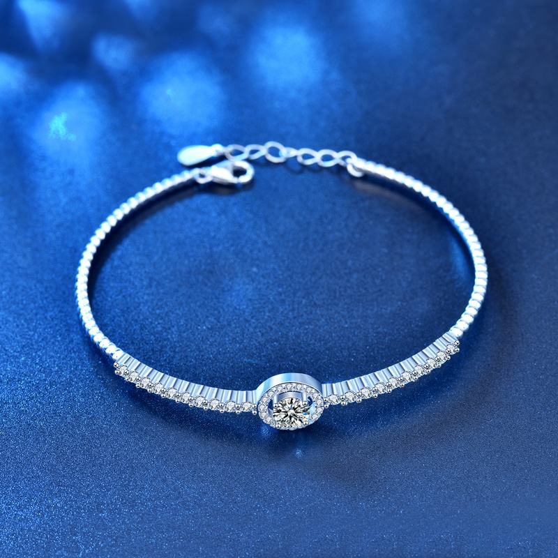 1 Carat Moissanite Halo Center Bangle Bracelet with Side Moissanites in Platinum Overlay Silver
