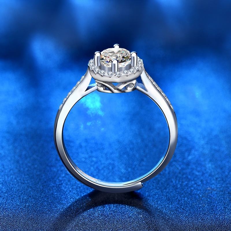 1 Carat Solitaire Moissanite Halo Ring with Pavé Side Stones, Platinum Overlay Sterling Silver - Adjustable Size