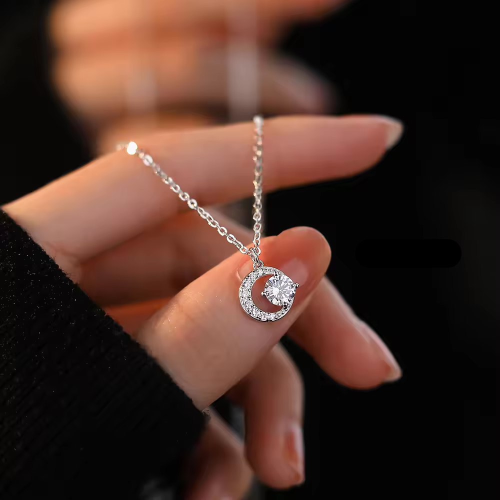 Graceful Half Moon: 1 Carat Solitaire Drop Moissanite Pendant with Chain in Platinum Overlay Sterling Silver, GRA Certified