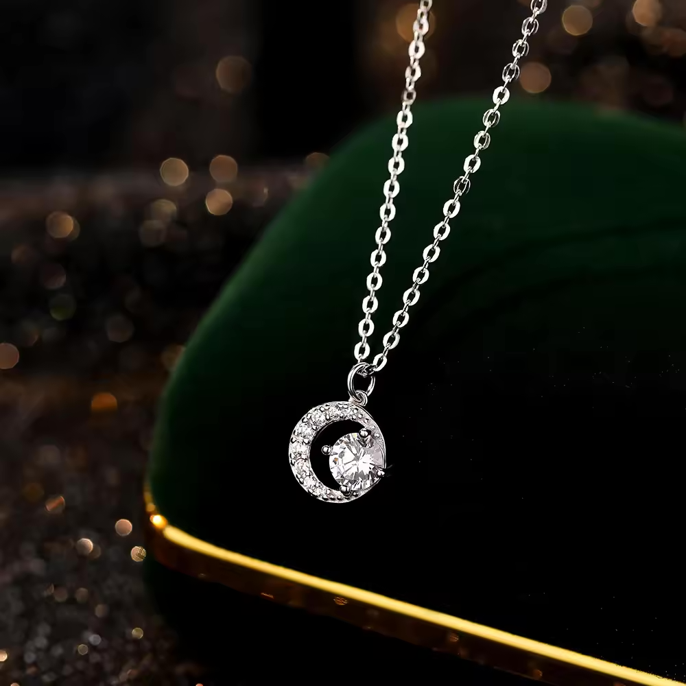 Graceful Half Moon: 1 Carat Solitaire Drop Moissanite Pendant with Chain in Platinum Overlay Sterling Silver, GRA Certified