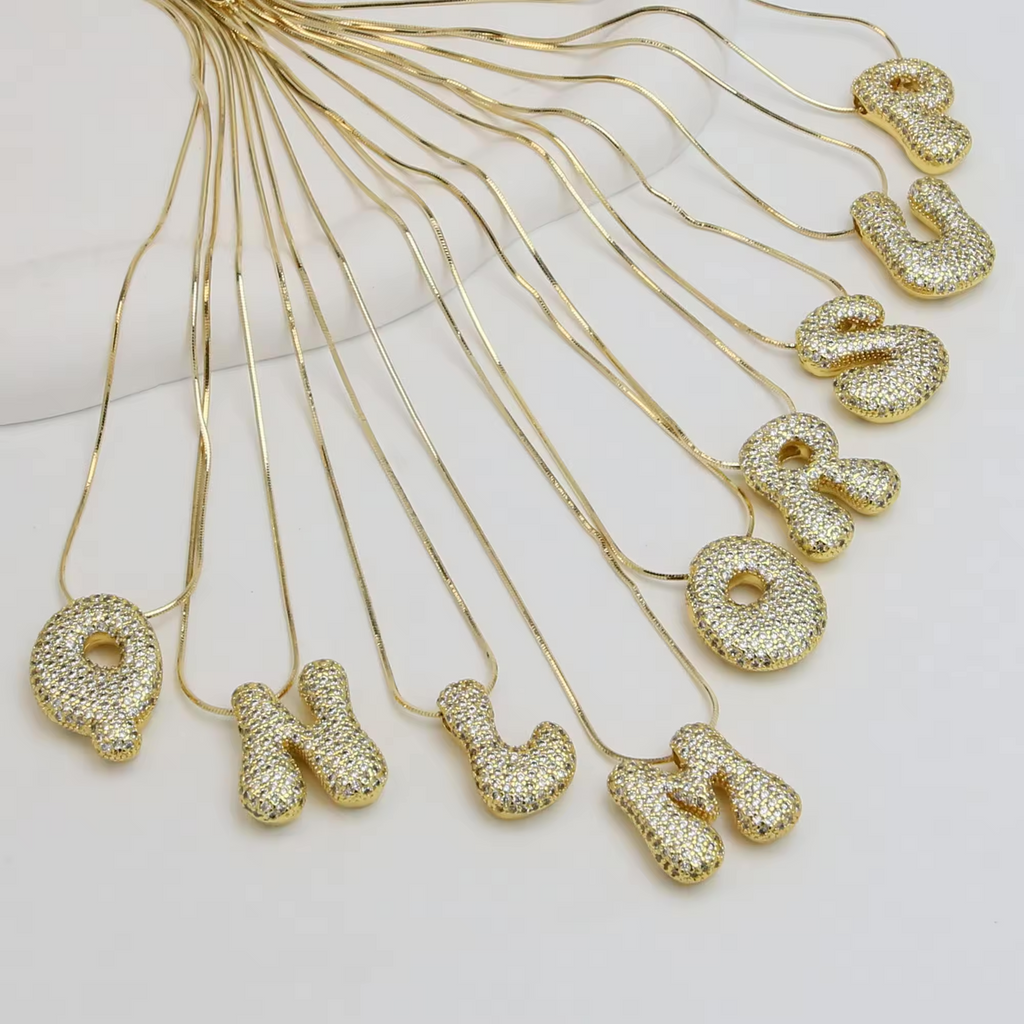 18K Gold Plated Pavé Bubble Initial Necklace- Personalised Elegance