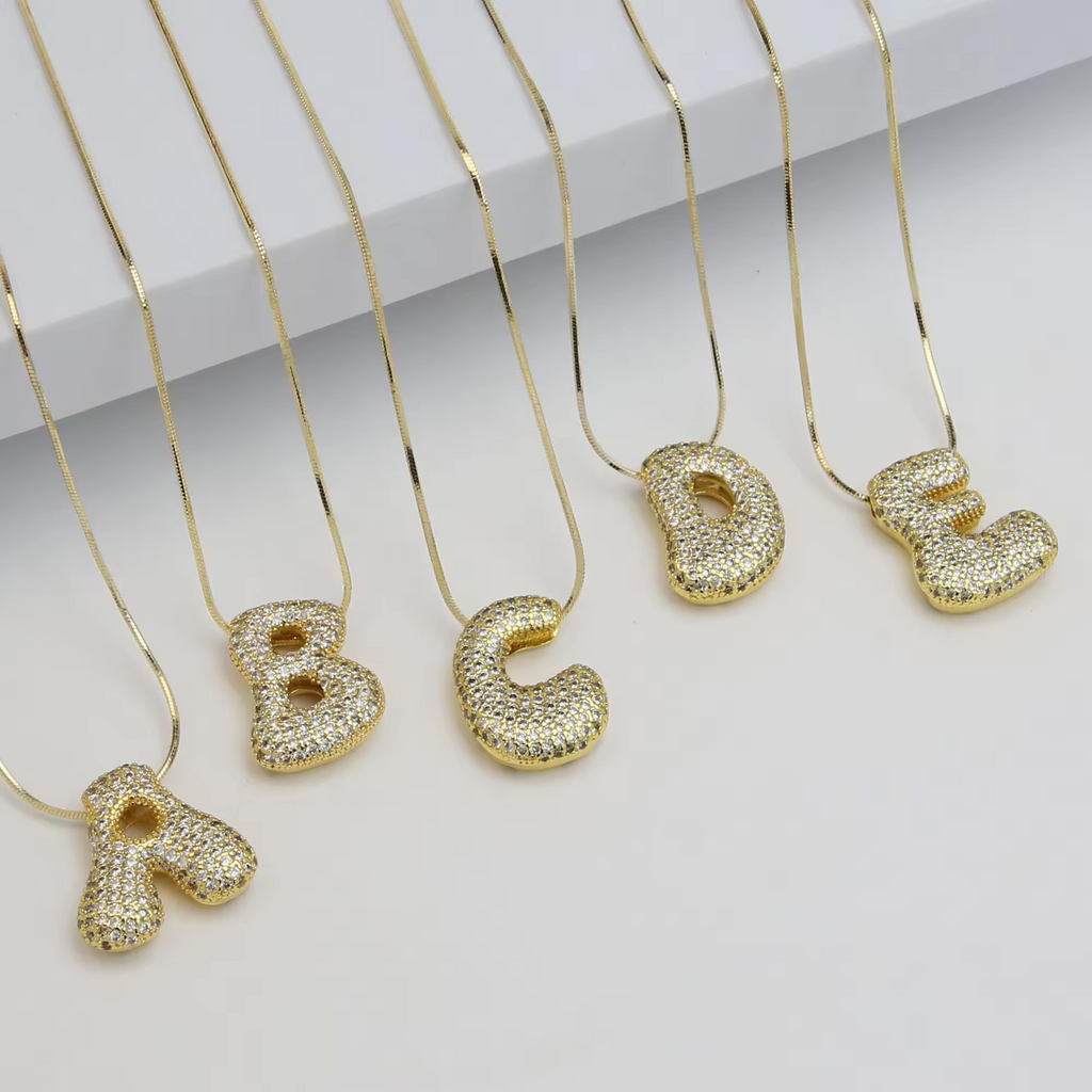 18K Gold Plated Pavé Bubble Initial Necklace- Personalised Elegance