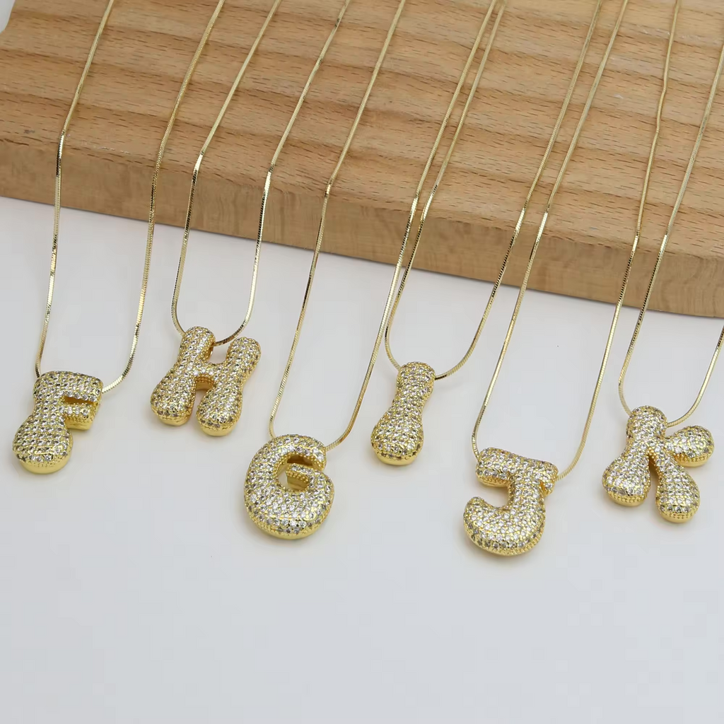 18K Gold Plated Pavé Bubble Initial Necklace- Personalised Elegance