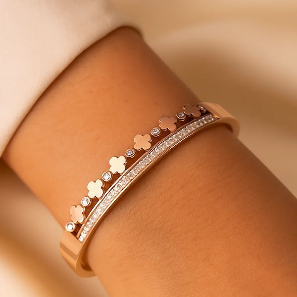 Riley CZ Row & Clover Hinged Bangle Bracelet | Waterproof 18K Rosegold
