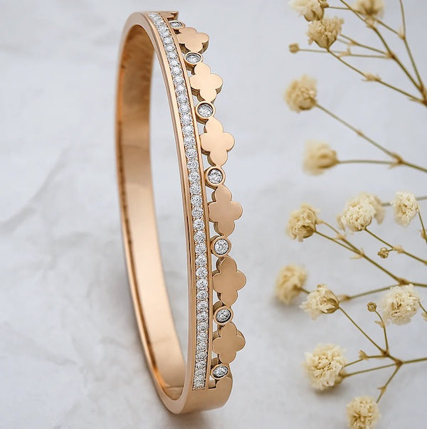 Riley CZ Row & Clover Hinged Bangle Bracelet | Waterproof 18K Rosegold