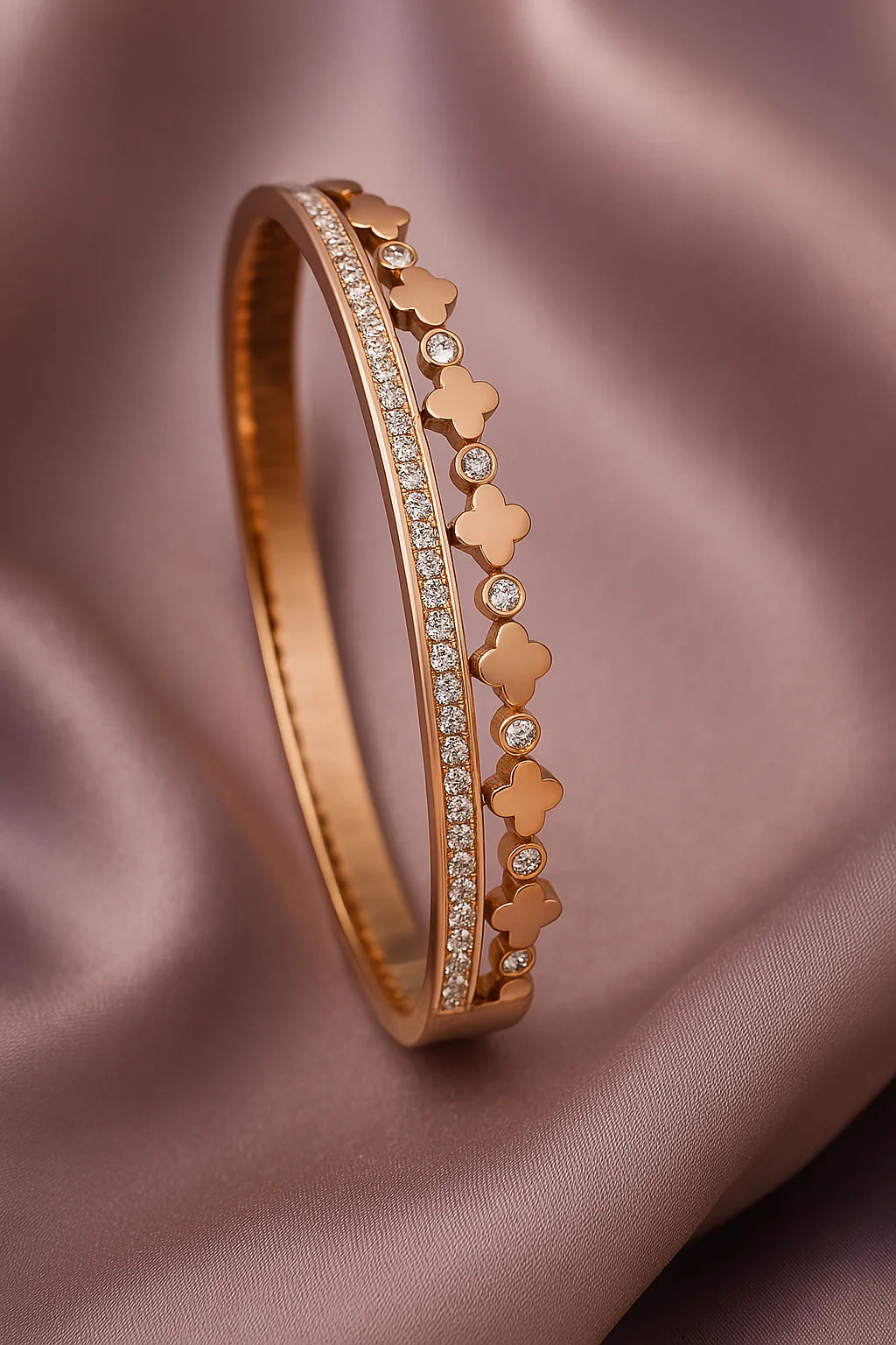 Riley CZ Row & Clover Hinged Bangle Bracelet | Waterproof 18K Rosegold