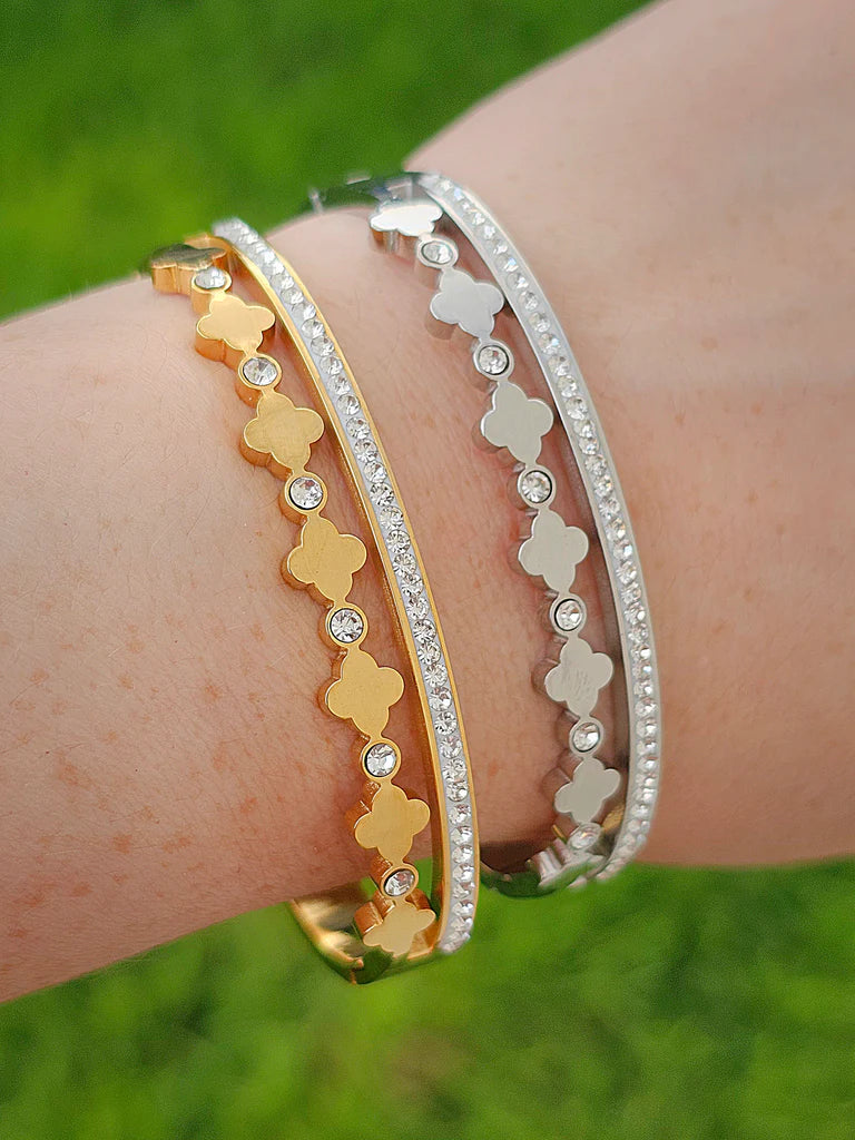 Riley CZ Row & Clover Hinged Bangle Bracelet | Waterproof Silver