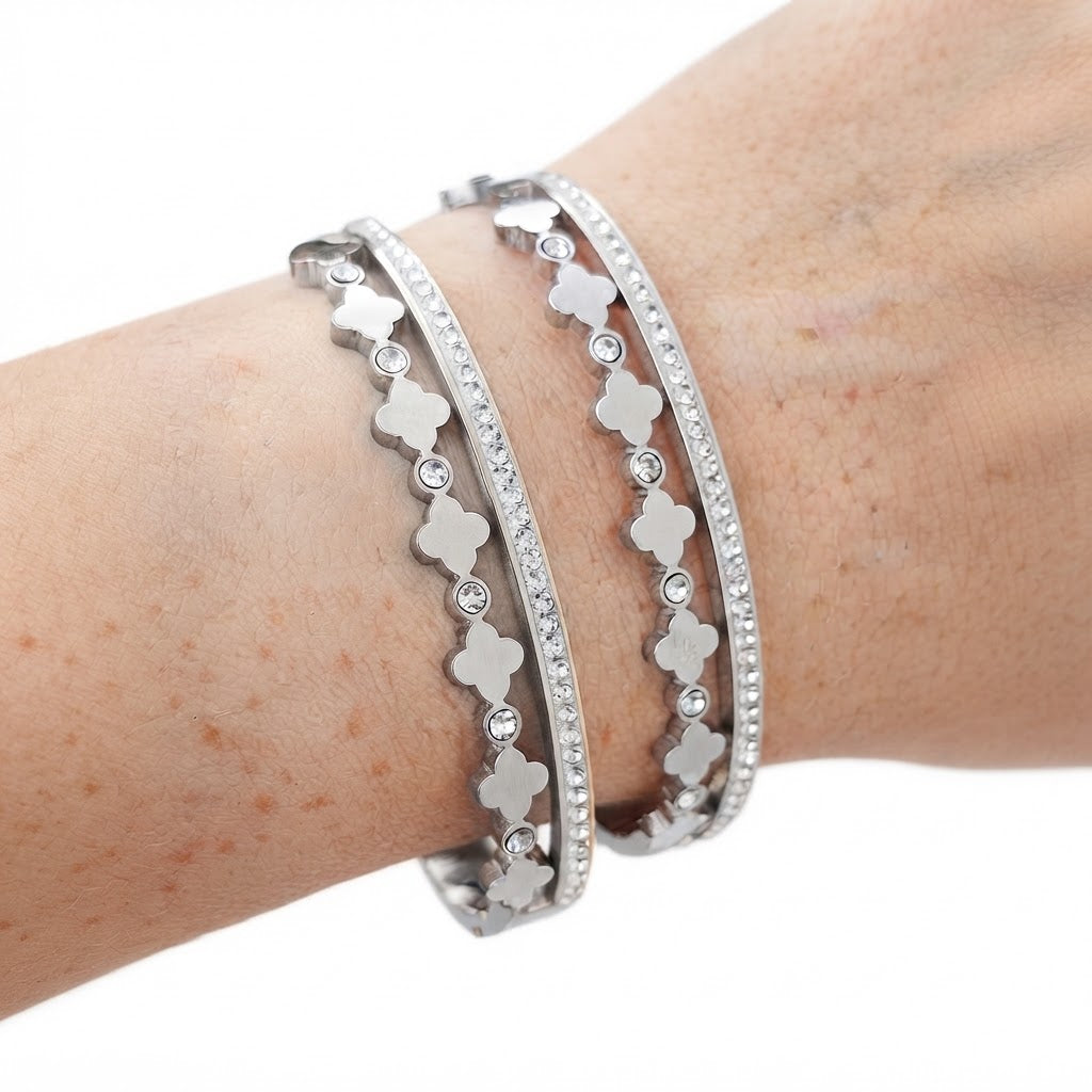 Riley CZ Row & Clover Hinged Bangle Bracelet | Waterproof Silver