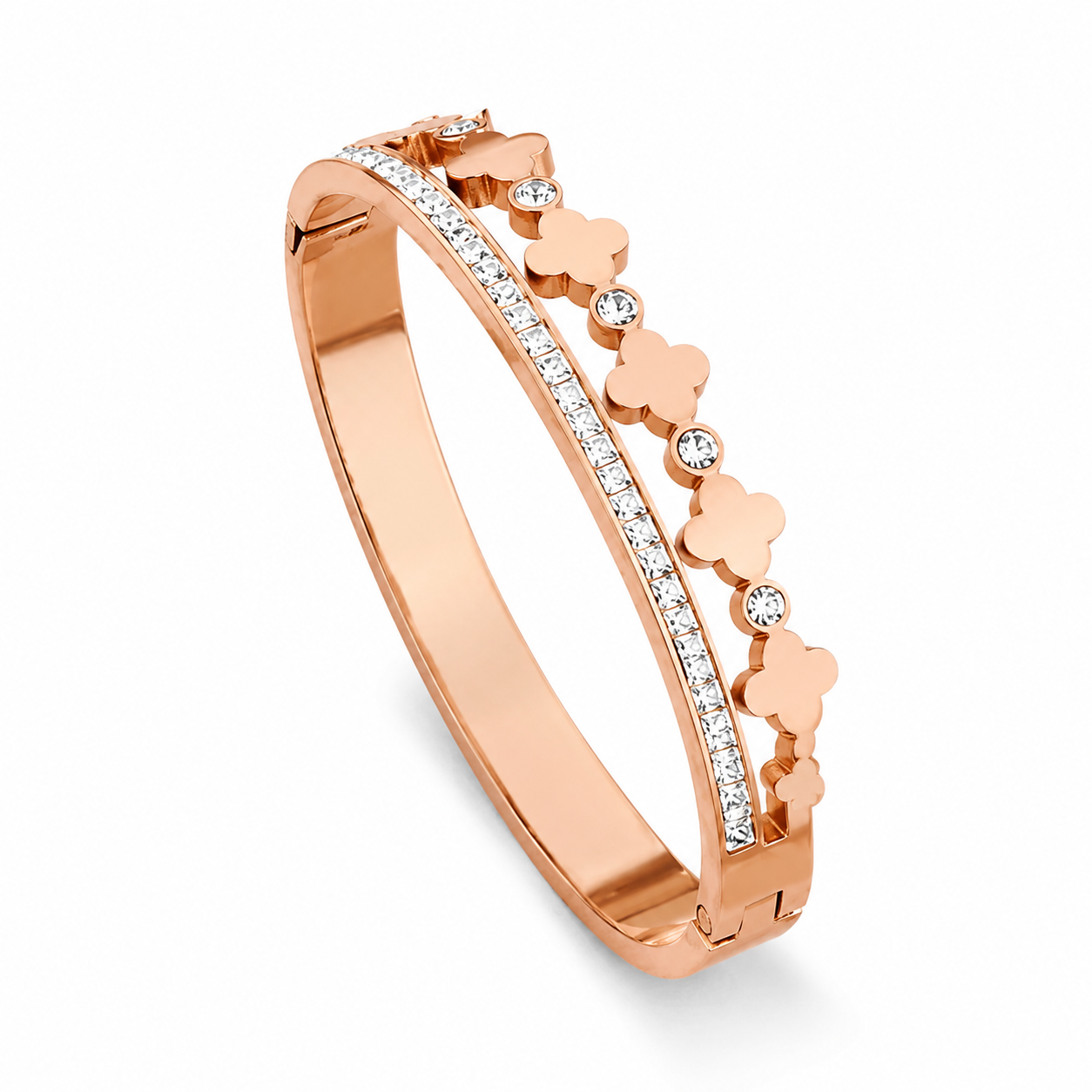 Riley CZ Row & Clover Hinged Bangle Bracelet | Waterproof 18K Rosegold