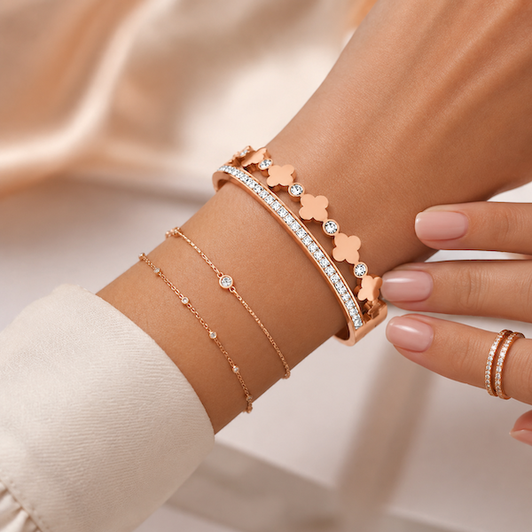 Riley CZ Row & Clover Hinged Bangle Bracelet | Waterproof 18K Rosegold
