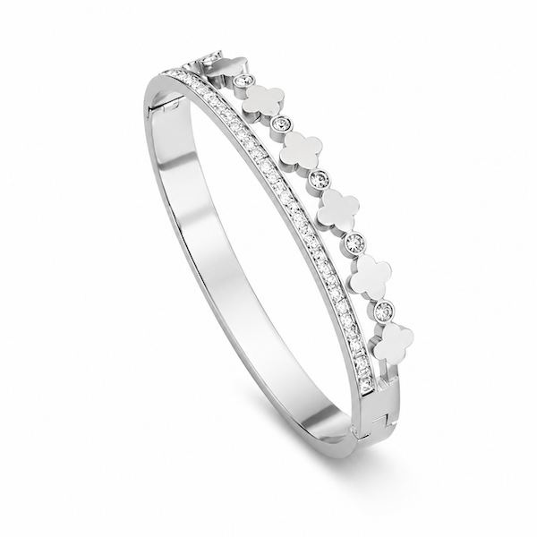 Riley CZ Row & Clover Hinged Bangle Bracelet | Waterproof Silver