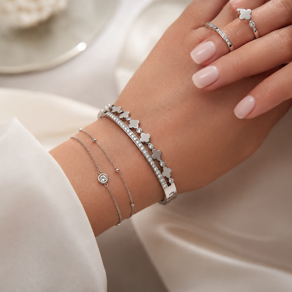 Riley CZ Row & Clover Hinged Bangle Bracelet | Waterproof Silver