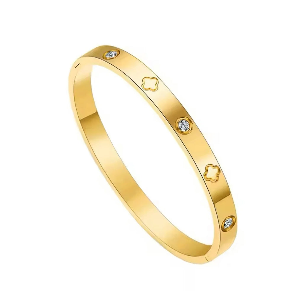 Roisin Clover & Stone Hinged Bangle Bracelet | Waterproof 18k Gold & Silver