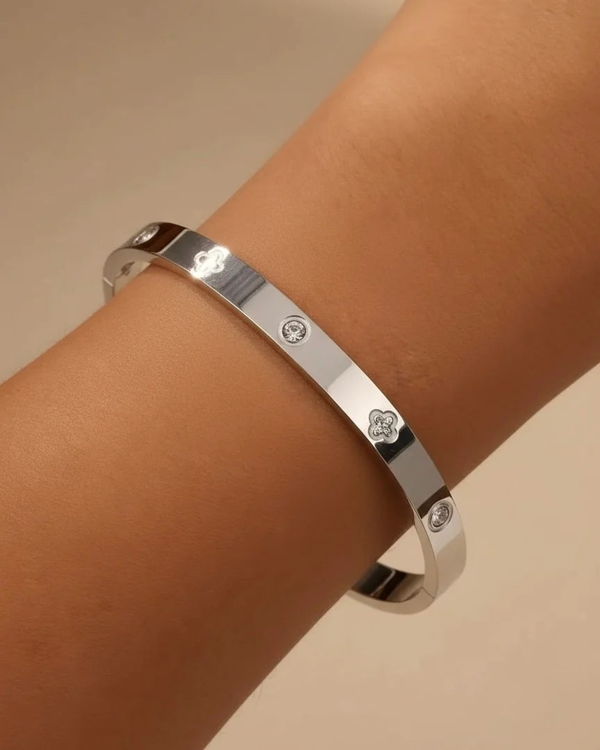 Roisin Clover & Stone Hinged Bangle Bracelet | Waterproof 18k Gold & Silver