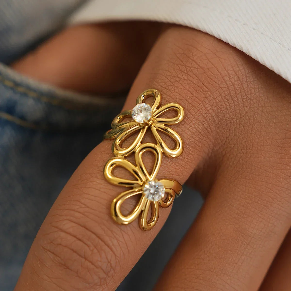 Cyra CZ Flower Adjustable Ring | Waterproof 18k Gold