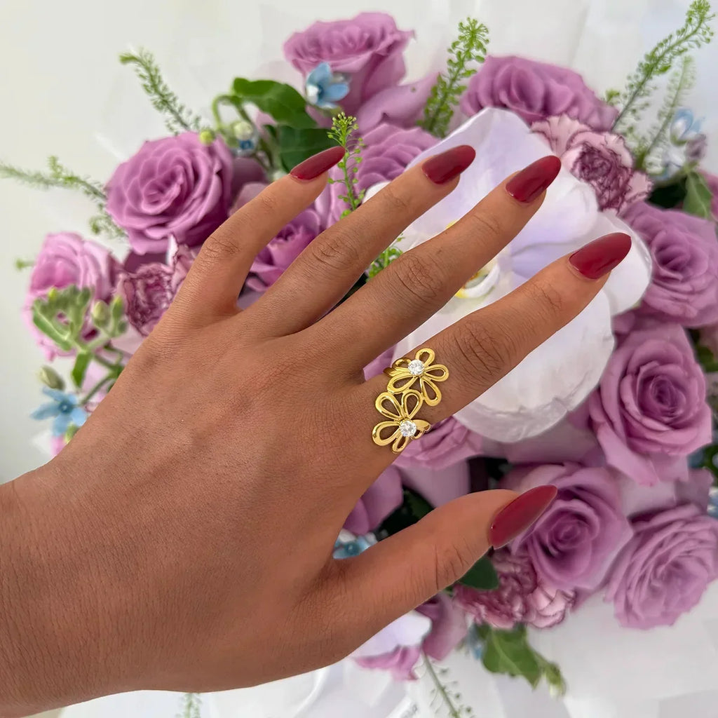 Cyra CZ Flower Adjustable Ring | Waterproof 18k Gold