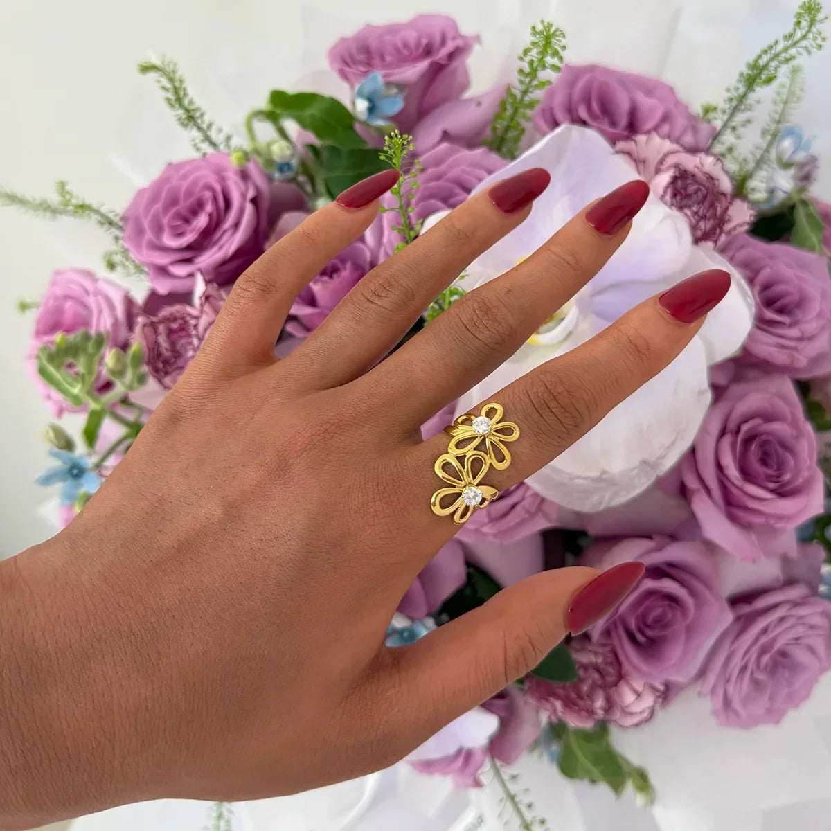 Cyra CZ Flower Adjustable Ring | Waterproof 18k Gold