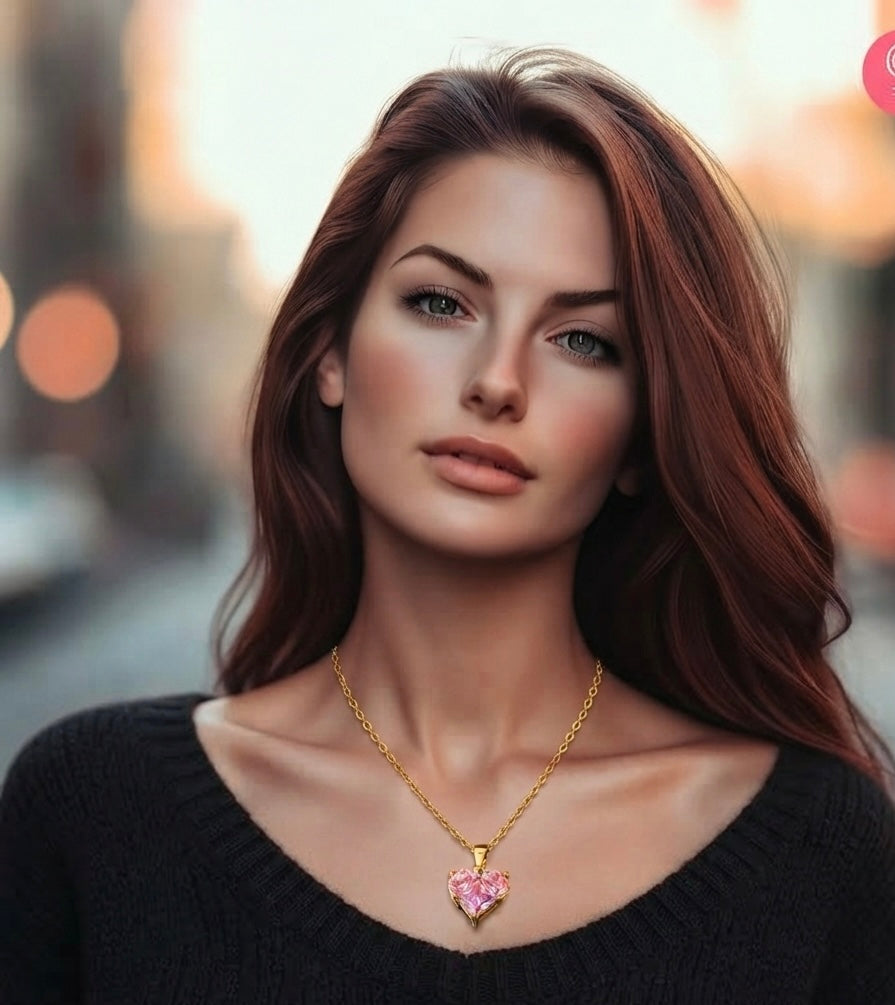 Sienna Pink Crystal Heart Necklace | Waterproof 18k Gold