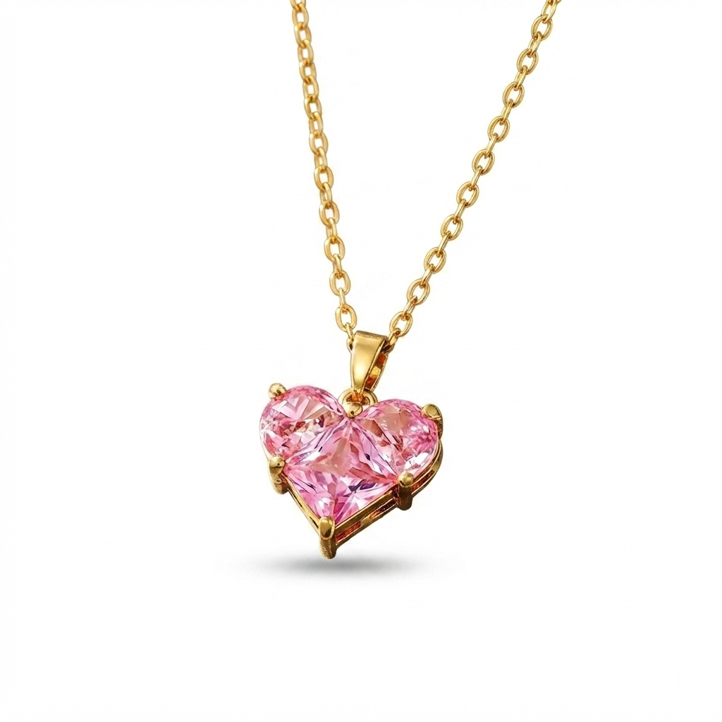 Sienna Pink Crystal Heart Necklace | Waterproof 18k Gold