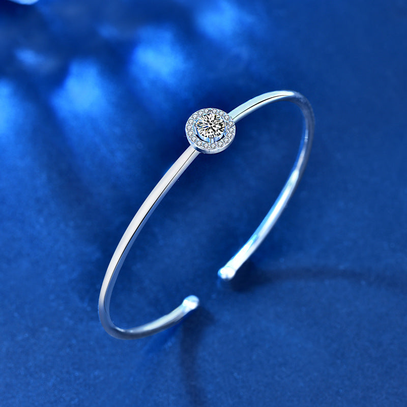 1 Carat Moissanite Halo Center Plain Bangle Bracelet in Platinum Overlay Silver