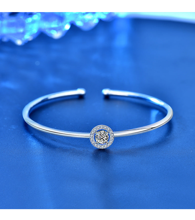 1 Carat Moissanite Halo Center Plain Bangle Bracelet in Platinum Overlay Silver