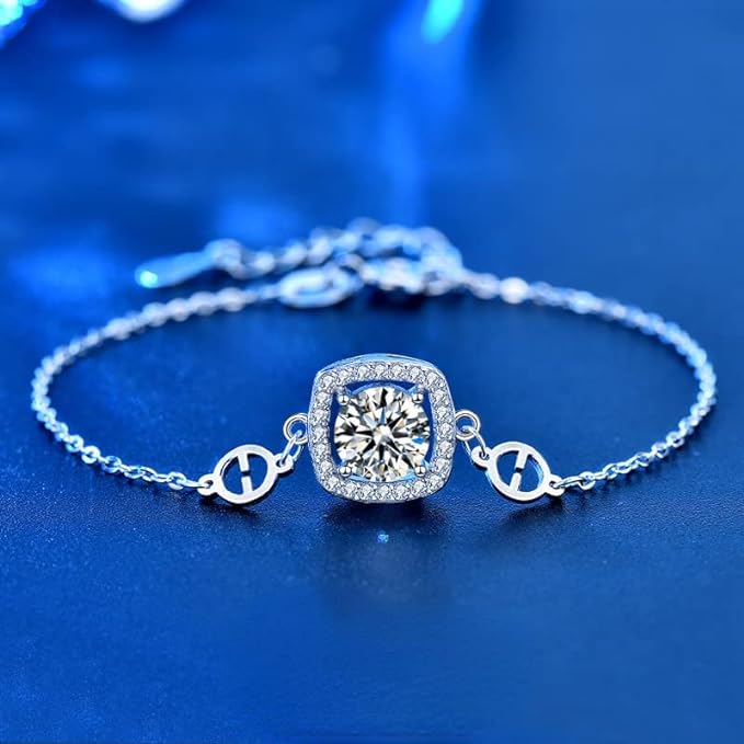 1 Carat Moissanite Halo Square Cross Chain Bracelet with Adjustable Clasp in Platinum Overlay Silver