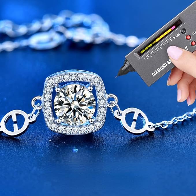 1 Carat Moissanite Halo Square Cross Chain Bracelet with Adjustable Clasp in Platinum Overlay Silver