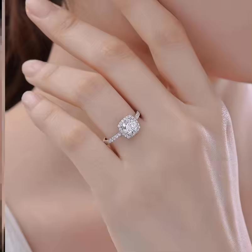 1 Carat Solitaire Moissanite Ring in Square Halo with Pavé Side Stones, Platinum Overlay Sterling Silver - Adjustable Size