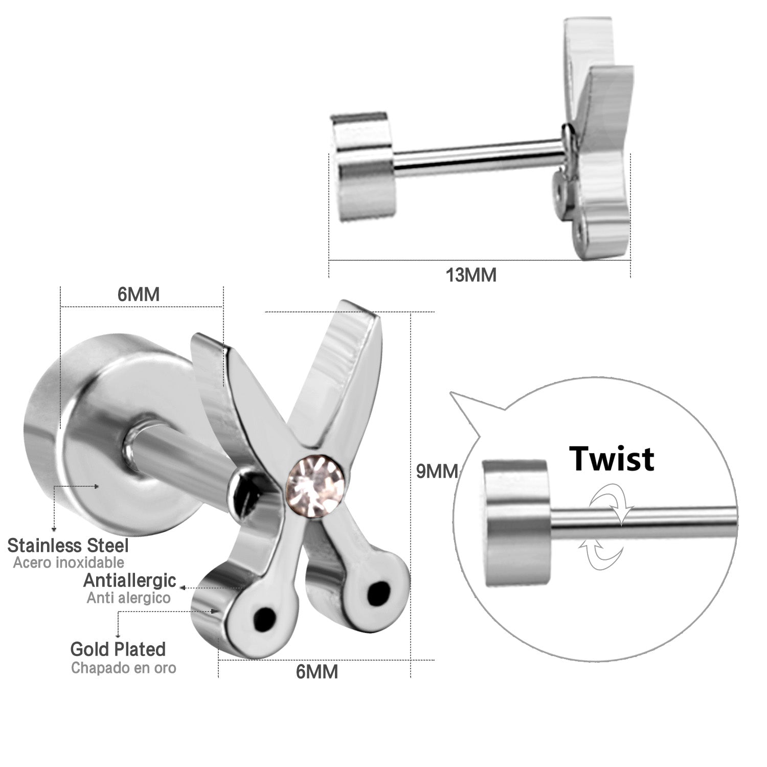 Beletriz Snippy Scissors Flat Back Studs