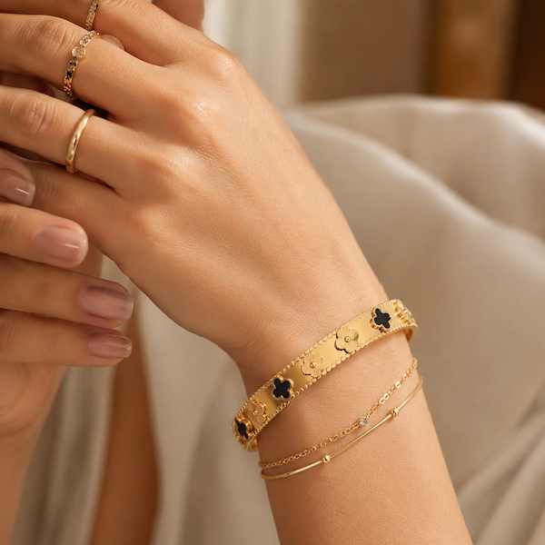 Ciara Black Clover Hinged Bangle Bracelet