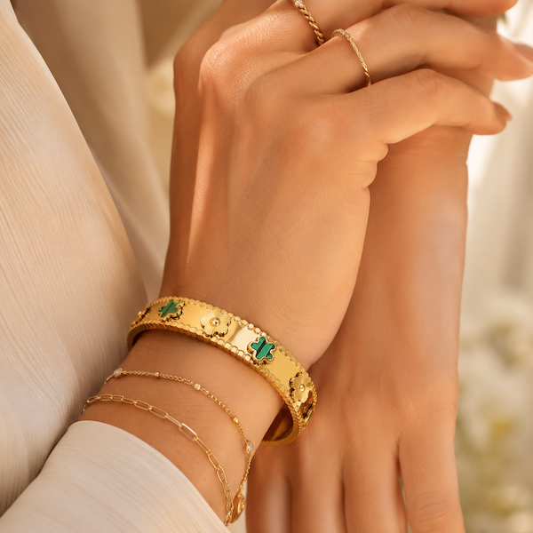 Ciara Green Clover Hinged Bangle Bracelet