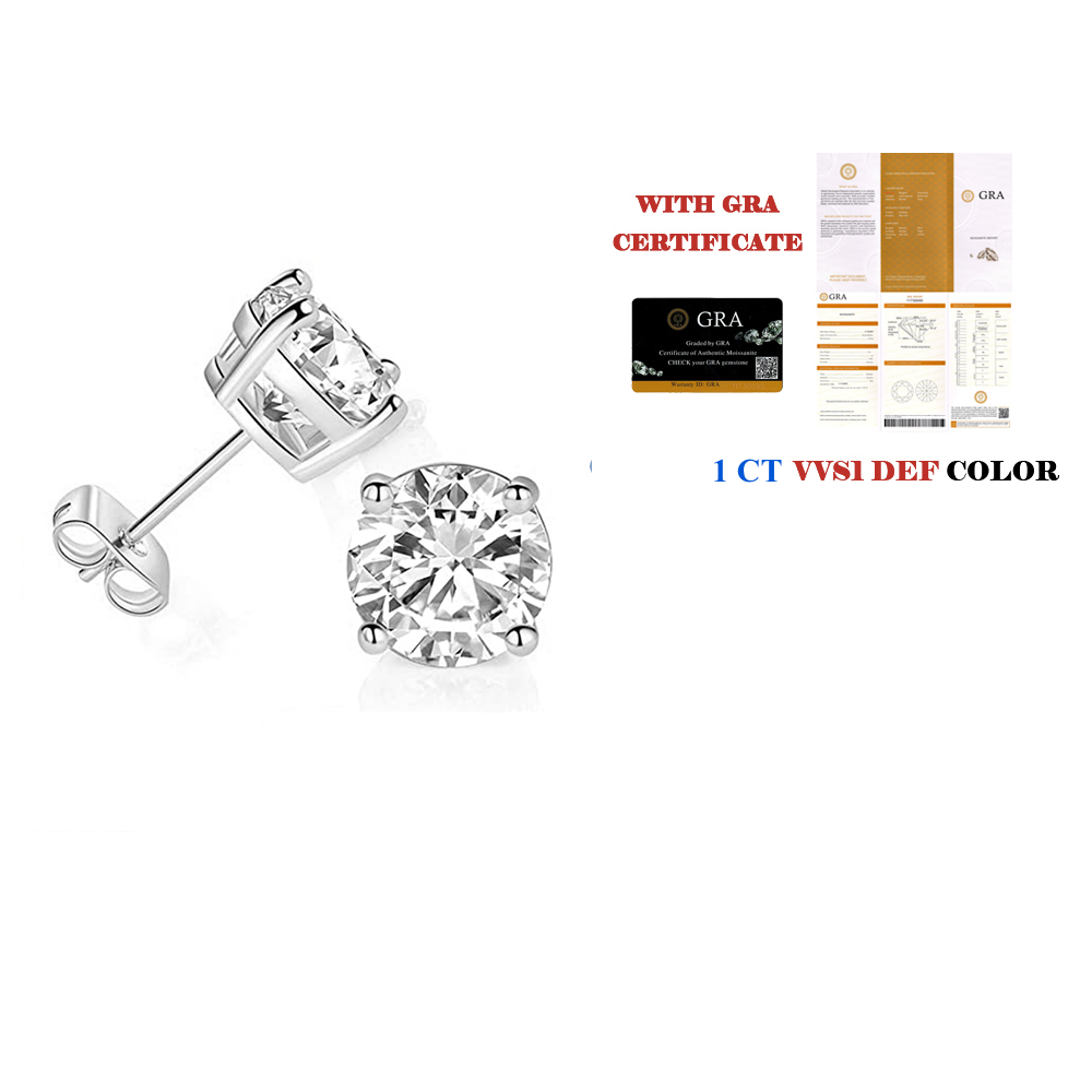 Round Shape Moissanite Solitaire Stud Earrings  in Platinum Overlay Sterling Silver 1 Carat Moissanite GRA Certified