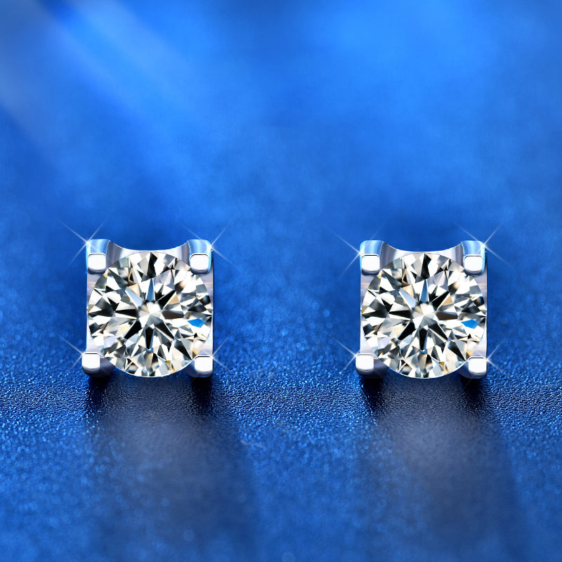 1 Carat Moissanite Stud Earrings in Four-Prong Bull Head Setting, in Platinum Overlay Sterling Silver