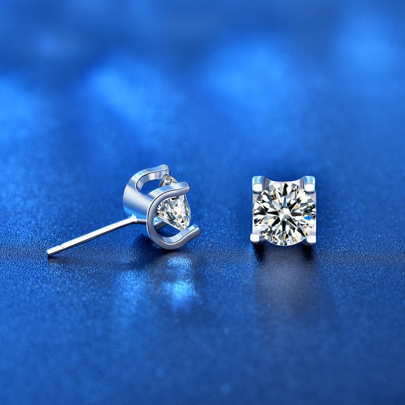 1 Carat Moissanite Stud Earrings in Four-Prong Bull Head Setting, in Platinum Overlay Sterling Silver