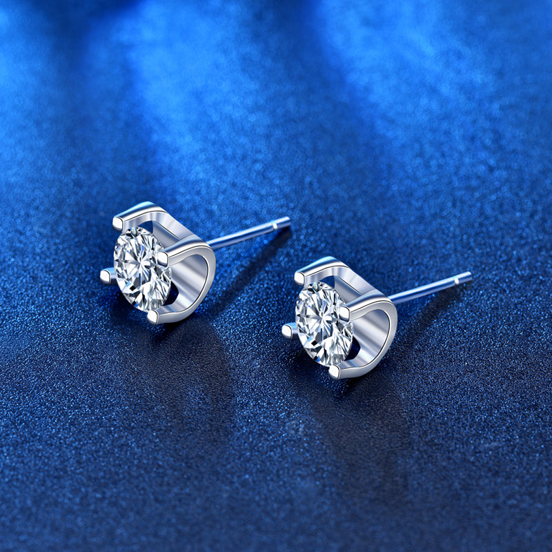 1 Carat Moissanite Stud Earrings in Four-Prong Bull Head Setting, in Platinum Overlay Sterling Silver