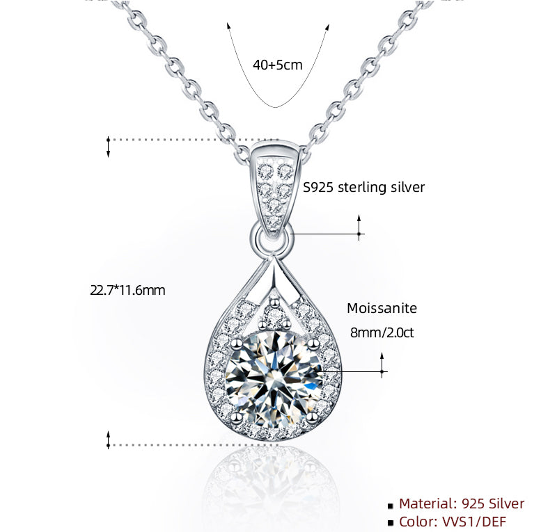 Elegant 1 Carat Round Solitaire Moissanite in Teardrop Halo Pendant with Chain in Platinum Overlay Sterling Silver, GRA Certified