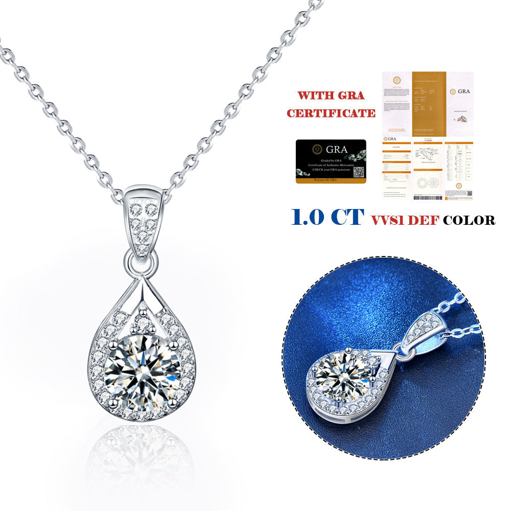 Elegant 1 Carat Round Solitaire Moissanite in Teardrop Halo Pendant with Chain in Platinum Overlay Sterling Silver, GRA Certified