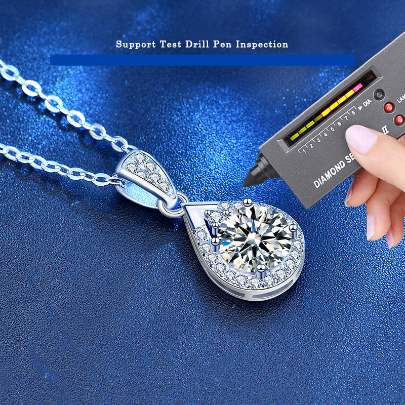 Elegant 1 Carat Round Solitaire Moissanite in Teardrop Halo Pendant with Chain in Platinum Overlay Sterling Silver, GRA Certified