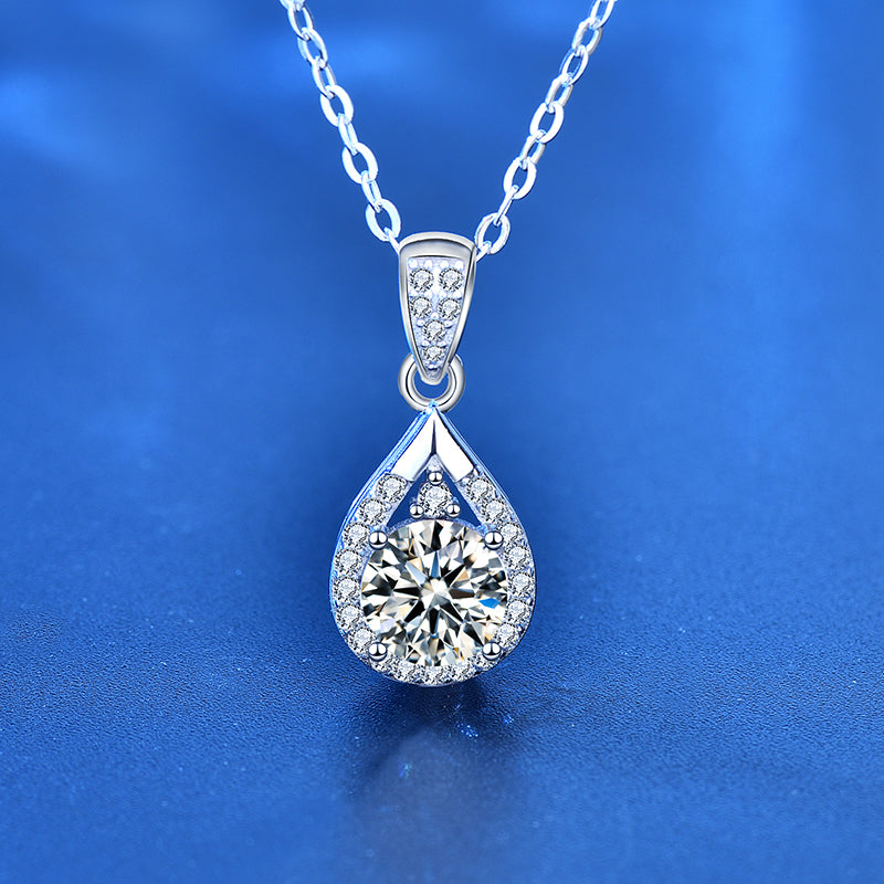 Elegant 1 Carat Round Solitaire Moissanite in Teardrop Halo Pendant with Chain in Platinum Overlay Sterling Silver, GRA Certified